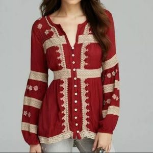 Free people iris embroidered top maroon boho xs